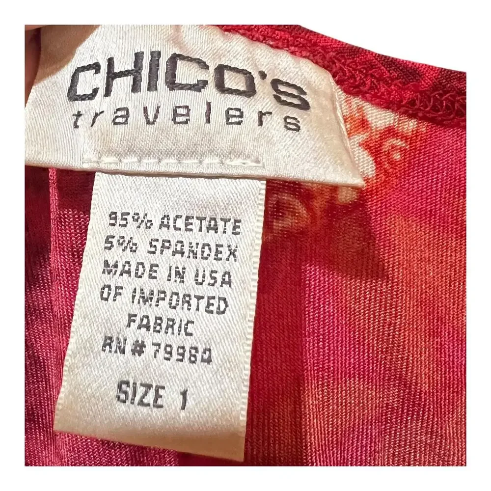 Chicos Travelers Red White Tropical Print Blouse Ruched Shoulders Size 1 (Medium